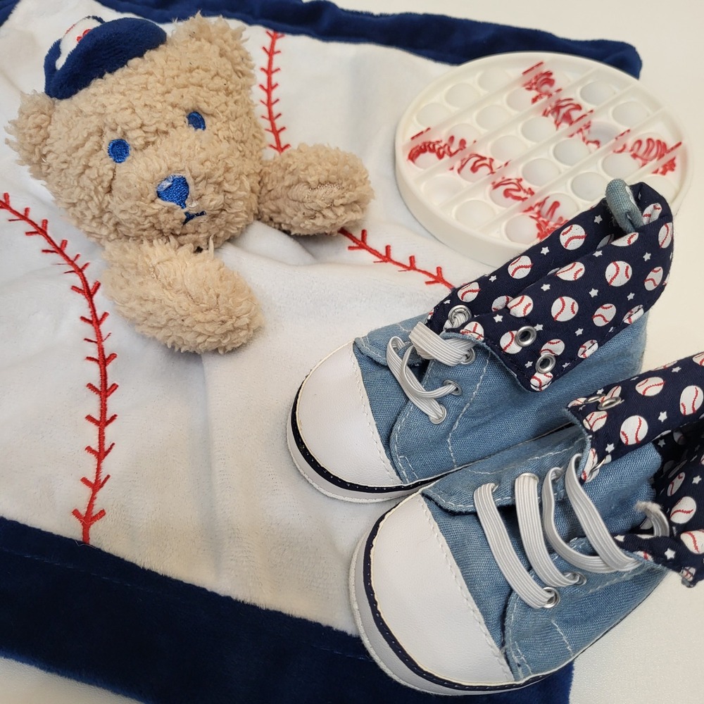 Modern Baby Baseball Security Blanket Stepping Stones Shoes 9-12M Pop-It Set